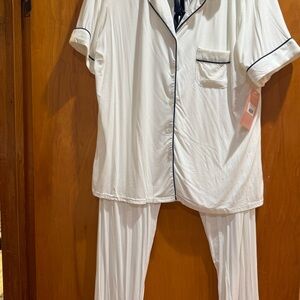 White Pajama Set with Navy Trim
